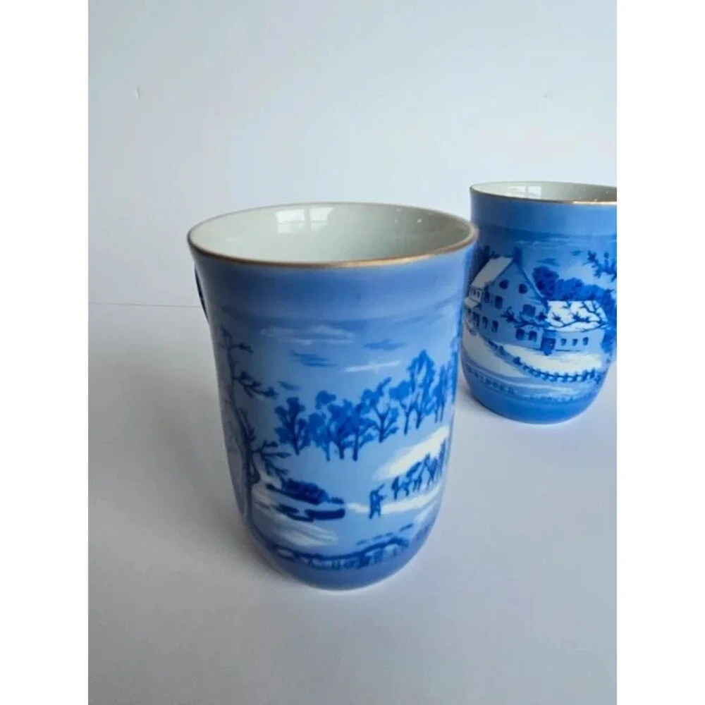Vintage Currier & Ives Blue and White Mugs Winter Scenes